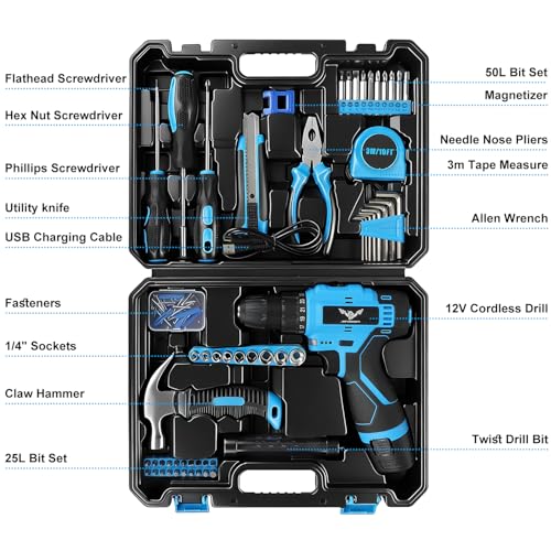 JENABOM 146-Piece Home Tool Set with 12V Blue Cordless Drill - color: Blue