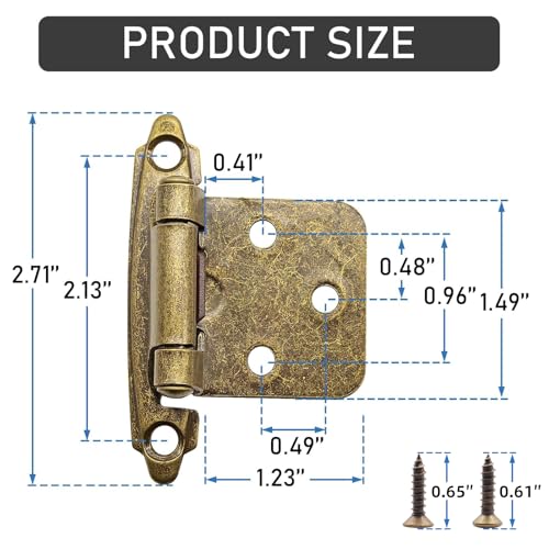 6 Pack (3 Pairs) 1/2 Inch Overlay Antique Brass Hinges Self Closing - color: Antique Brass, size: 6 Pack (3 Pairs)