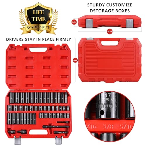 49PCS 3/8'' Drive Impact Socket Set, SAE 5/16”-3/4” & Metric 8-22mm, CR-V Steel Mechanics Tool Set with Universal Joint, Extension Bar, 1/2 to 3/8 Reducer, Hex Shank Socket Adapter, Ratchet Handle