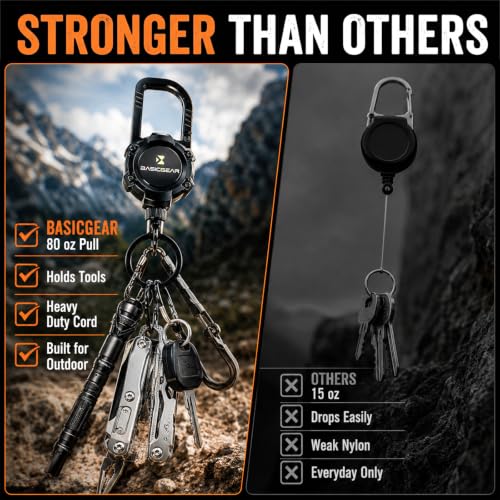 BasicGear Zinger Retractable Carabiner, Magnetic, 29in Steel Cable
