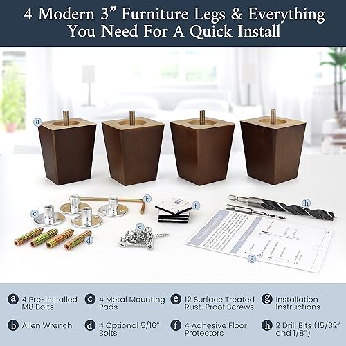 Airy Abode Premium Walnut Square Furniture Legs (Full Install Kit) - Pick Your Size and Color - color: Brown, size: 3 Inches