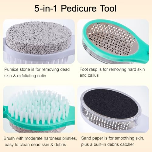 Foot Scrubber Brush with Pumice Stone for Feet 5-in-1, 2Pcs Foot File Callus Remover, Stainless Steel Feet Scraper, Cleaning Brush & Sand Paper Debris Catcher, Multi Purpose Home Foot Care, Cyan White - color: Cyan White
