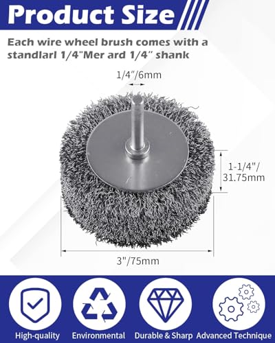 Rocaris 4 Pack Wire Brush for Drill Set, 3 Inch Carbon Steel Wire Wheel for Drill Attachments, Heavy Duty Rust Remover Brush Paint Rust & Corrosion, 1/4in Shank, 20000RPM