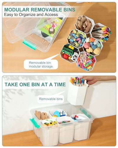 EOENVIVS Clear Storage Boxes with 6 Tall Inserts, Large Plastic Organizer Box with Lid and Handles, 15.94x11.61x7.28 Inches, Multi-Functional Container for Cosmetics, Toys, School Supplies - color: Clear+Light Green