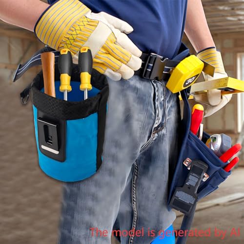 Waxed Canvas Nail/Screw Pouch, Tool Pouch with Belt Clip, 5 x 5 x 8 Inch Rounded Bolt Bag with Stand up Base Metal Clip on Organizer, Nail Pouch Suitable for Carpenters, Electrician, Carpenter - color: Blue