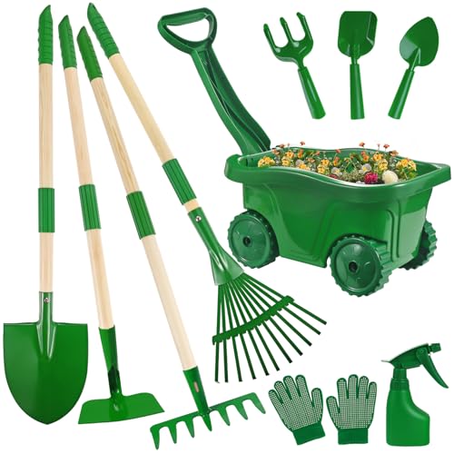 Duckura Kids Gardening Tools Set, Wheelbarrow Sets Outdoor Yard Toy Ages 3+ | Real Shovel Rake Hoe and Leaf Rake, Outdoor yard Play, Digging Weed Garden Educational Toys, Gift for Toddler Boys & Girls - color: Green-11pcs