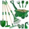Duckura Kids Gardening Tools Set, Wheelbarrow Sets Outdoor Yard Toy Ages 3+ | Real Shovel Rake Hoe and Leaf Rake, Outdoor yard Play, Digging Weed Garden Educational Toys, Gift for Toddler Boys & Girls - color: Green-11pcs