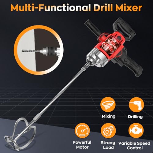 IMAYCC Concrete Mixer 2500W 15A, Cement Mixer With Variable Speed Control, 5/8" Heavy Duty Drill Set, Drill Mixer for Mud,Motar,Paint, Grout, Plaster, Thinset - color: Red Black