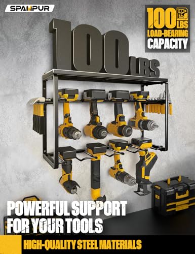 Spampur Power Tool Organizer, 8 Drill Holders Wall Mount, 3 Layer Heavy Duty Metal Storage for Garage Organization, Tools Storage with Hooks, Screwdriver Hammer Holder, Father's Day Mens Birthday Gift | Garage Organization, Tools Storage with Hooks, Screw