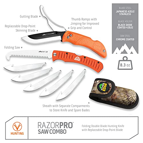 OUTDOOR EDGE RazorPro Double Blade Hunting Knife with Flip N’ Zip Bone Saw – Folding Knife with Gutting Blade & Replaceable RazorSafe Skinning Edge, Includes Camo Nylon Sheath - style: RazorPro (Gut & Skinning + Saw)