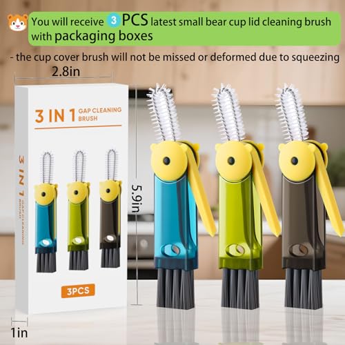 3 in 1 Cup Lid Cleaning Brush - Upgraded Version Cup Lid Brush with Packaging Box, Suitable for All Types of Cups, Bottle Gaps, Portable Travel and Home Kitchen Multifunctional Cleaning Set (3pcs) - color: Blue, Green, Black(little Bear)