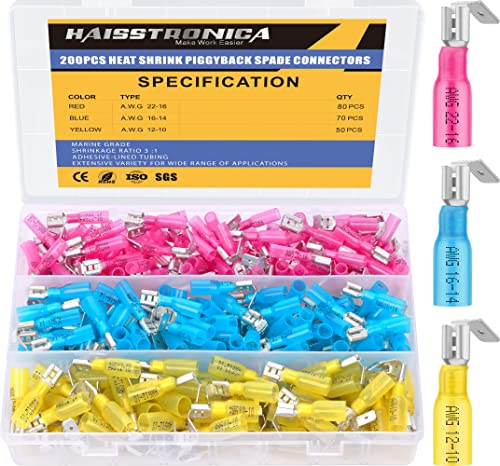 haisstronica 200PCS Heat Shrink Piggyback Spade Connectors, 22-10 AWG - size: AWG 22-10, style: Piggyback 200PCS