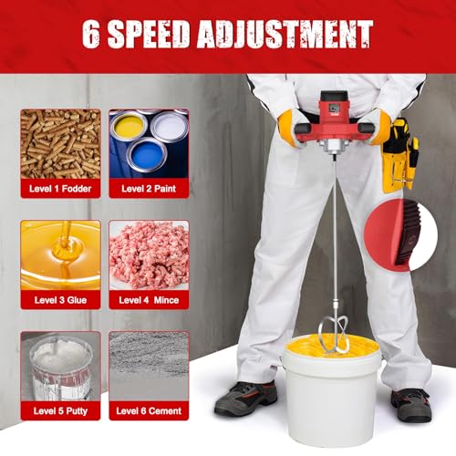 IMAYCC Cement Mixer, 2100W Electric Concrete Mixer with 6 Speed, 110V Handheld Mud Mixer for Motar,Paint, Grout, Plaster, Thinset,Fodder Stirring Tool - color: Red