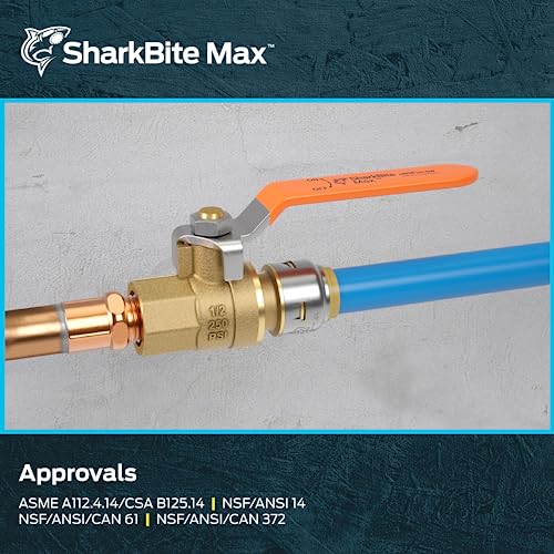 SharkBite Max 1/2 Inch x 1/2 Inch Ball Valve with FNPT Connector, Push to Connect Brass Plumbing Fitting, PEX Pipe, Copper, CPVC, PE-RT, HDPE, UR22182A - size: 1/2 in. PTC x 1/2 in. FNPT, style: SharkBite Max