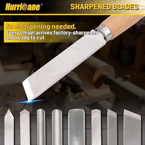 HURRICANE 8pc Wood Lathe Turning Tool Set, Wood Turning Chisel Set for Woodworking. 2 Skew 1 Spear Point 1 Parting 1 Round Nose & 3 Gouge Tools with 1 Canvas Bag Packaging