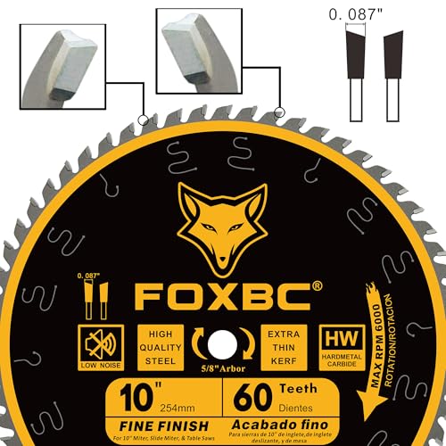 FOXBC 10 Inch Thin Kerf Fine Finish Crosscut Table Saw Blade, 60-Tooth ATB, with 5/8-Inch Arbor
