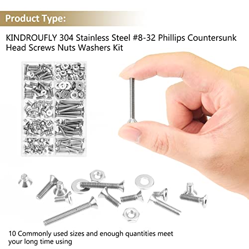 212 Pieces #8-32 x 1/4", 5/16", 3/8", 1/2", 5/8", 3/4", 1", 1-1/4", Countersunk Head Socket Cap Screws Nuts Washers Assortment Kit, 304 Stainless Steel, Fully Machine Thread - size: #8-32, style: Countersunk Head