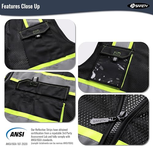 JKSafety Hi Vis Reflective Safety Vests for Men Women High Visibility Vest with Pockets Fabric Construction Safety Apparel Neon Vest for Work (220-Black M) | 5 utility Pockets 4 Reflective Strips High Visibility Mesh Fabric Construction Safety Apparel Neo