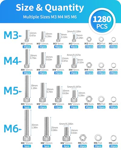 Metric Screw Assortment, 1280PCS Metric Bolt Assortment Kit M3 M4 M5 M6 Machine Screws with Lock & Flat Washers, 304 Stainless Steel Hex Socket Head Cap Screws Nuts and Bolts Kit (Silver) - size: M3M4M5M6 1280PCS (Silver)