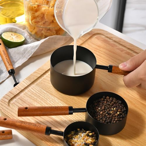 8pc Steel Measuring Set Nonstick Cups Spoons Wood Handle Markings
