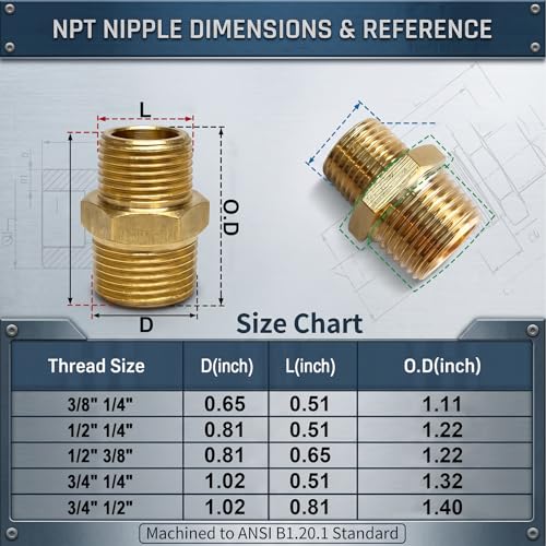 1/2" NPT to 3/8" NPT Brass Reducer Fitting, 2-Pack Solid Brass Hex Nipple | Solid forged brass, ASTM B584, 300 PSI rated. 1/2 male x 3/8 male NPT adapter for HVAC, pneumatic and air compressor systems - size: 1/2"NPT x 3/8" NPT Male(2PCS)