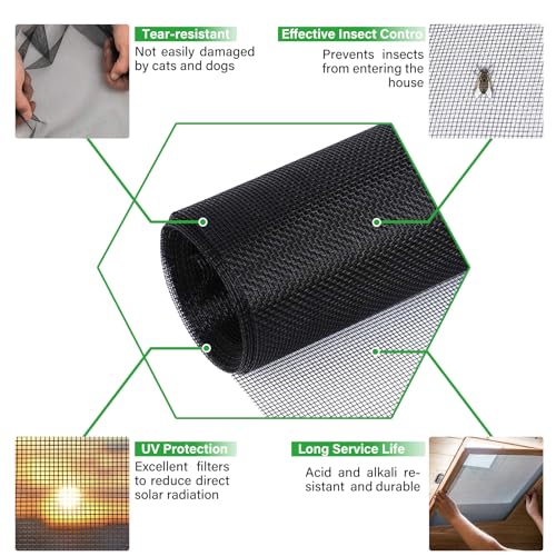Window Screen Replacement Kit 32 Inch X 132 Feet Durable High Hardness Nanofibers Roll Screen Mesh Window Screen Repair Kit Black for Any Door and Window - size: 32 Inch×132 Feet