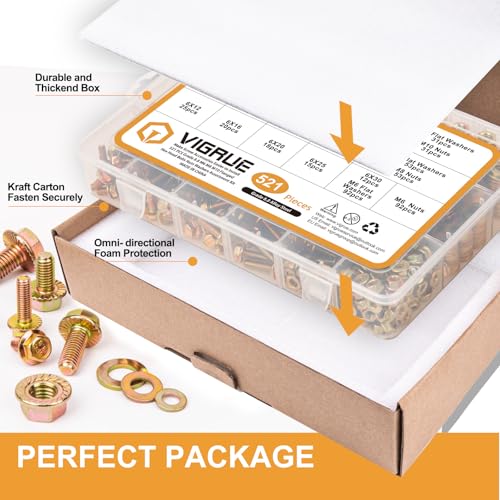 VIGRUE 521PCS M6 M8 M10 Flange Bolts Assortment Kit Metric Class 8.8 Serrated Hex Cap Flange Hex Bolts Flange Nuts Assorted Set, Coarse Full and Half Threads - size: 521PCS M6 M8 M10 Flange Bolts