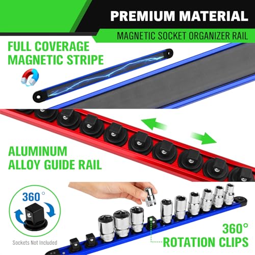 4-Piece Magnetic Socket Organizer Kit, 1/4'' 3/8'' 1/2'' Heavy Duty Socket Holder Holds 40 Clips, Aluminum Sockets Rail for Tool Box Drawer with 1/4'' Slidable Drill Bit Organizer Holds 40 Bits - style: Multi-Color 4-Piece