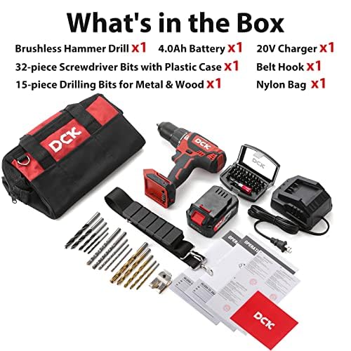 DCK 20V Brushless Hammer Drill, 531 in.lbs, 36000 BPM, 1/2" Keyless All-Metal Chuck, 4.0Ah Battery, 22+1+1 Clutch, Impact Drill Kit for Drilling Brick Wall, Metal, Wood, KDJZ05-13