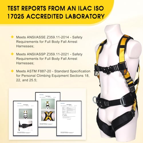 Fall Protection Premium Safety Harness with Shock Absorbing Lanyard, Vented & Padded Shoulder, Legs & Back - Upgrade 4 Quick Buckles (Yellow) - color: Yellow