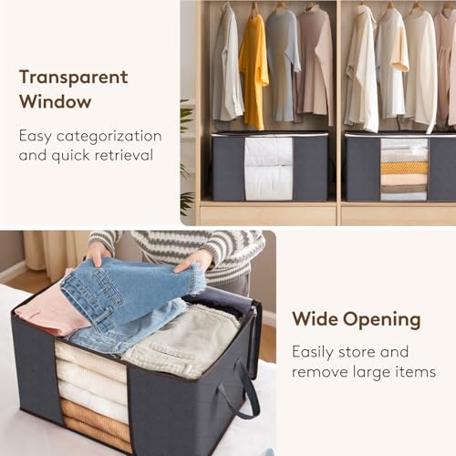 Lifewit 6 Pack Clothes Storage Bins with Lids, Foldable Blanket Storage Bags with Zippers, Clear Window and Reinforced Handles, Closet and Organization for Clothing, Sweater, Comforter, Bedding - size: 60L