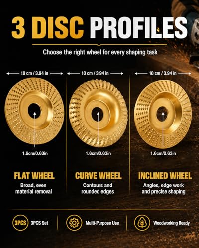 3PCS Wood Carving Tools Sanding Disc Stump Grinder Angle Polishing Pad Grinding Tungsten Carbide Wheel Discs for Attachments Tiktrove Sander Blades Set Pads Cutting Scraper Cordless (Gold)