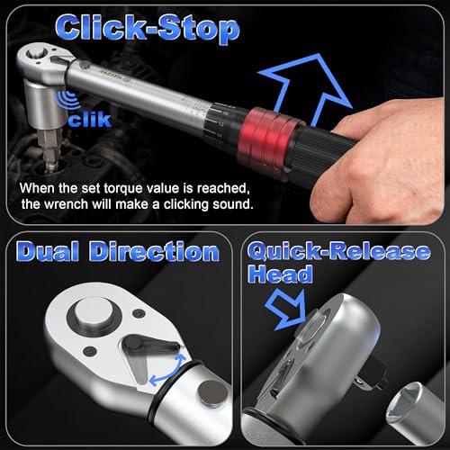 1/4 3/8 1/2 9PC Torque Wrench Set 20-220 In lb,5-45 &10-170 Ft lb,3 extension bar & 3 adapter,3% Accuracy,72 T,Chrome plated,anti-rust,no scratch & wear-resistant than Black,for DIY, bike,car & truck