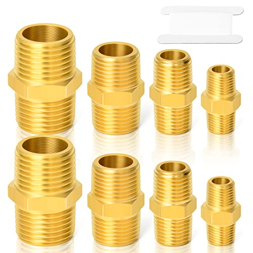 GASHER 8PCS Brass Pipe Fitting Hex Nipple Kit 1/8 inch 1/4 inch 3/8 inch 1/2 inch - style: Hex Nipple Kit（8Pcs）