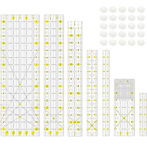Quilting Ruler, Sewing Ruler, 8 Pack, Acrylic Quilting Templates(6"x17", 3"x17", 2"x16", 1.5"x12", 1"x12", 1"x6", 8"x3"), Non Slip Rings 25 Pieces, Sewing and Quilting Supplies - Clear/Yellow - color: yellow