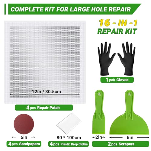 12 x 12 Inch Drywall Repair Kit – 4 Pcs Large Drywall Patch for Wall & Ceiling Holes, Heavy-Duty Aluminum Self-Adhesive Mesh, Includes Plastic Drop Cloths, Scrapers, Sandpaper & Gloves - Quick Fix