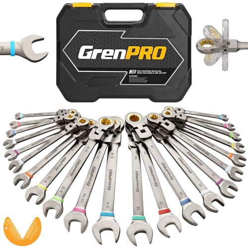 GRENPRO 23PC Flex Head Ratcheting Wrench Set Metric&SAE OpenEnd Combination - style: 23PCS Nickel Flex-Head Ratcheting Wrench Set