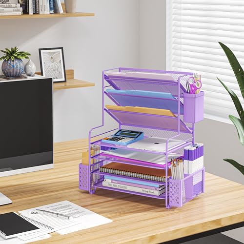 Simple Trending 7 Tier Desk File Organizer, Letter Tray Paper Organizer with Pen Holder and Metal Hanging Basket, Purple - color: 7 Tier Purple