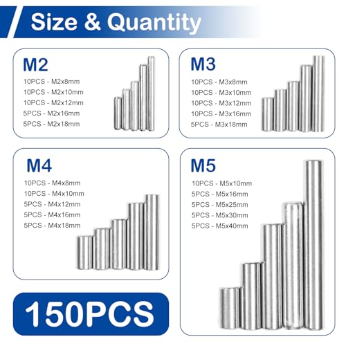 150Pcs Stainless Steel Dowel Pin Assortment Kit, 20 Sizes(M2, M3, M4, M5) - size: M2-M5 Assorted