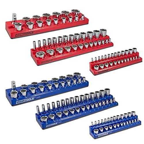OEMTOOLS 6-Pc Metric & SAE Magnetic Socket Tray Set Holds 143 Sockets | Magnetic Socket Organizer Tray, Non-Marring Rubberized Base, Clearly Marked Sizes, 1/4, 3/8, 1/2 Inch Sockets - style: Red and Blue