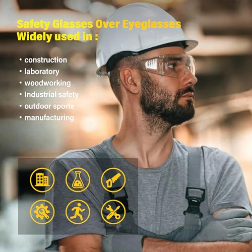 6 Pack Clear Safety Glasses Over Eyeglasses, ANSI Z87.1 Impact Resistant Polycarbonate Lens, Safety Goggles Over Glasses, Protective Eyewear for Lab, Construction, Outdoor Work - color: Clear Lens