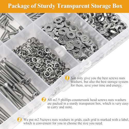 565 Pieces M2.5 Machine Screws Nuts Washers Set, Sutemribor M2.5 x 4/6/8/10/12/16/20mm Phillips Countersunk Head Machine Screws Nuts Washers Assortment Kit, 304 Stainless Steel, Fully Threaded - size: M2.5, style: Phillips Countersunk Head