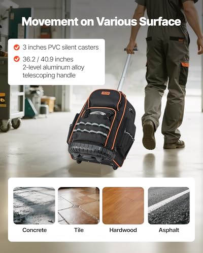 VEVOR Rolling Tool Backpack, 110 lbs Load Capacity, 72 Pockets Heavy Duty Roller Tool Bag on Wheels, Adjustable Telescoping Handle & Stable Base, Toolbag Organizers for Construction, Mechanic - size: 72 Pockets + Rolling