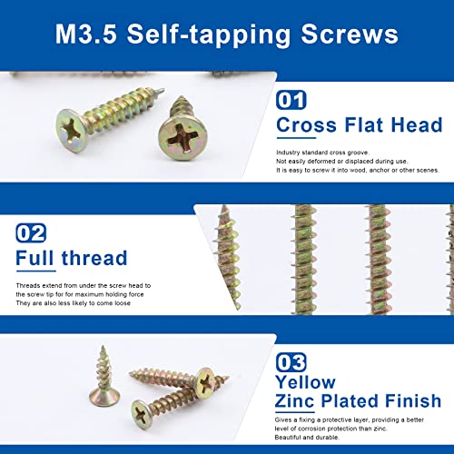 NINDEJIN 151 pcs M3.5 Flat Head Self-Tapping Screws with Yellow Zinc Plated | Carbon Steel, Features A Full-thread Design, Easy to Screw into the Wood, Anchor,for Metal Sheets, Fiberboard, Wooden Boards