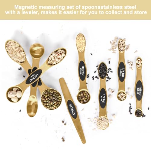 Magnetic Measuring Spoons Set Stainless Steel with Leveler, Stackable Metal Tablespoon Measure Spoon for Baking, Measuring Cups and Spoon Set Kitchen Gadgets Apartment Essentials Fits in Spice Jars - color: Gold