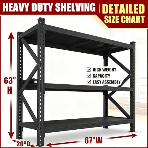 67" W Heavy Duty Garage Shelving, 6000 LBS Metal Storage Shelves with Anti-Fall Rails, 3-Tier Adjustable Storage Rack for Garage, Warehouse, Basement