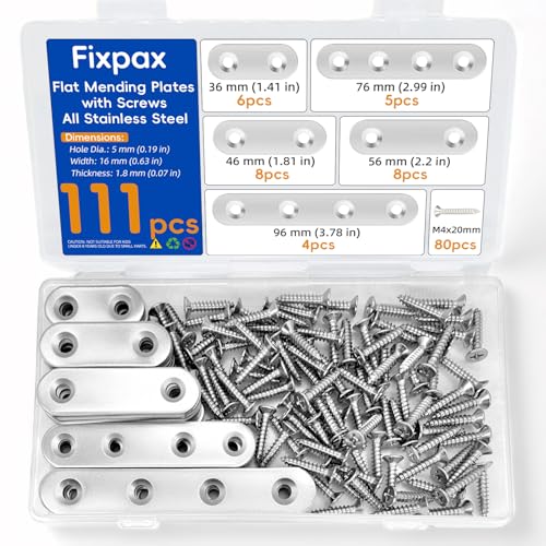 111PCS 5 Sizes Flat Mending Plates for Wood Metal Brace Bracket Stainless Steel Straight Wood Brackets with Screw Holes 1.4"/1.8"/2.2"/3.0"/3.8" inch(Silver) - color: Silver