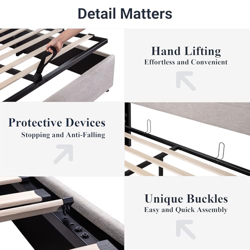 Allewie Full Size Lift Up Hydraulic Storage Bed Frame Light Beige - color: Beige, size: Full, style: Modern
