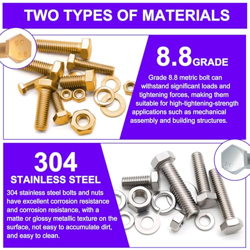 Hex Bolts and Nuts Assortment Kit 1/4-20 5/16-18 3/8-16 M4 M5 M6 M8 - color: Silver - M4 M5 M6 M8 1/4-20 5/16-18 3/8-16