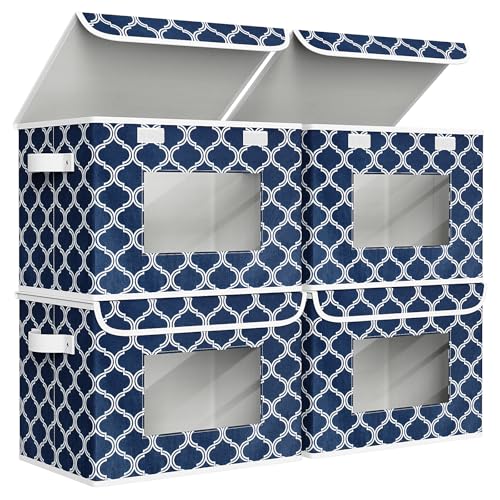 Univivi Fabric Foldable Storage Boxes with Lids, 4 Pack, Blue Lantern - color: Blue Lantern